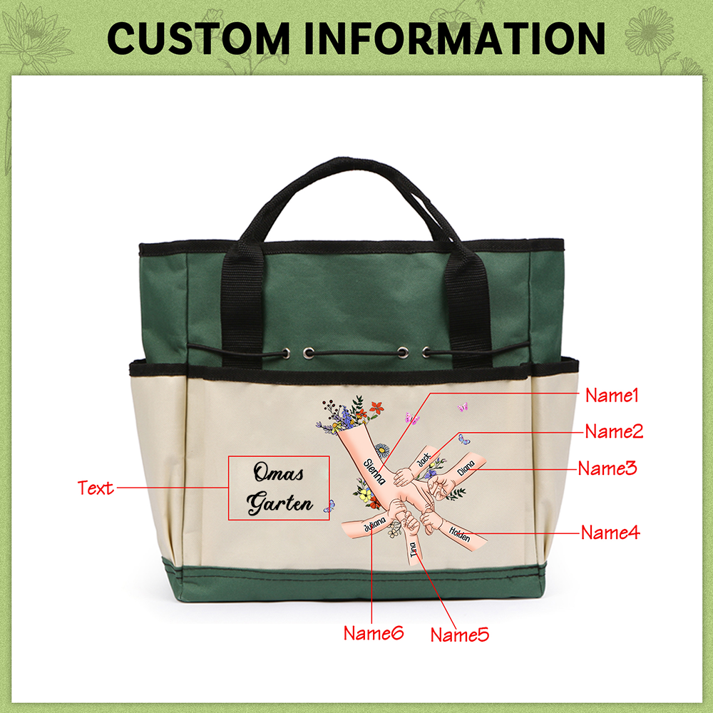 Personalisierte 2-8 Namen & Text Gartentasche Blume Hand in Hand Familie große kapazität Gartentasche für Gartenwerkzeug nähen