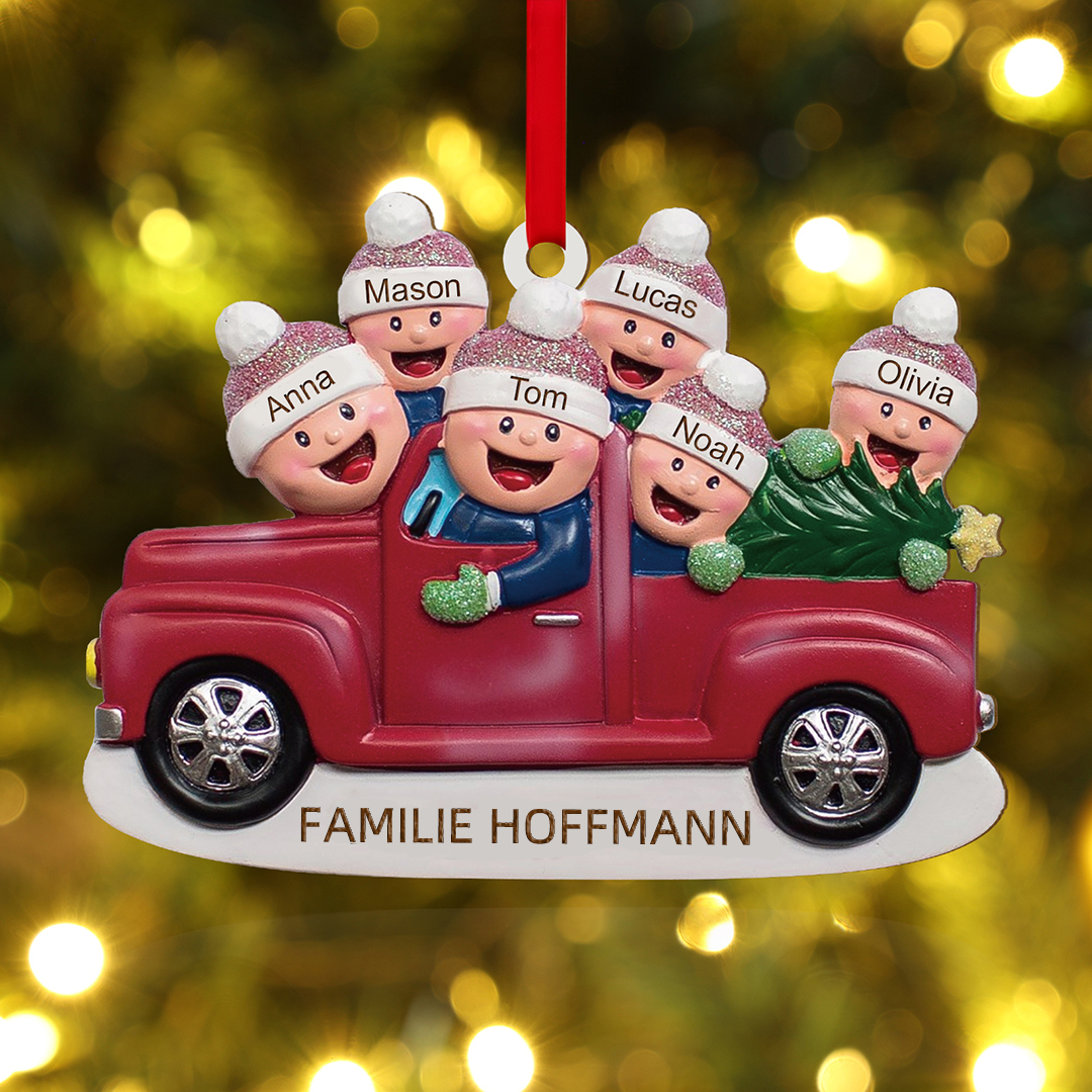 Personalisierter 2-6 Namen & Text Weihnachtsornament – Familien-Holzanhänger im Auto