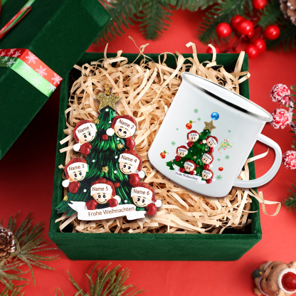 Personalisiertes 6 Namen & Text Holz Weihnachtsornament Baum & Emaille Tasse - Geschenkbox Set