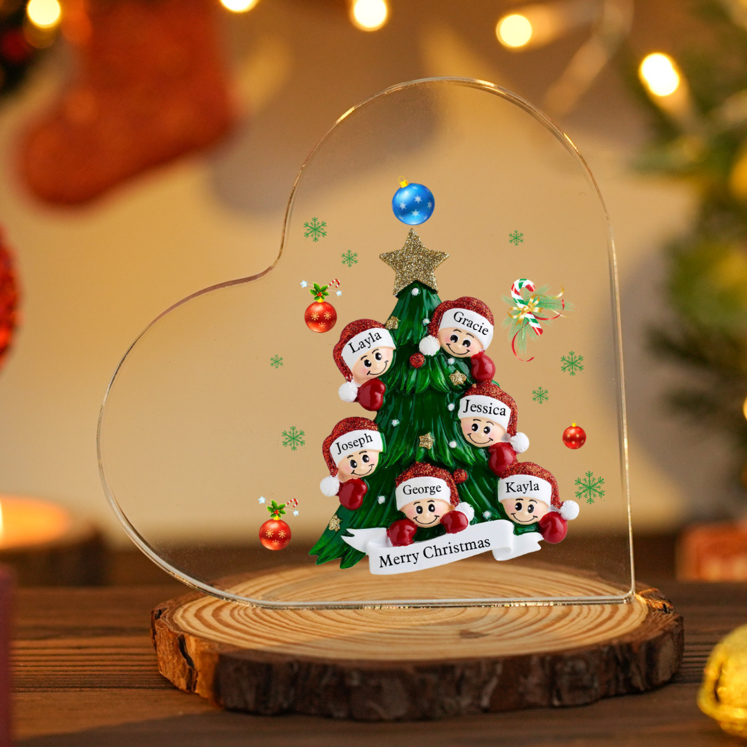 Personalisierte 2-8 Namen & Text Herz-Acryl-Deko – Weihnachtsbaum-Schreibtischdekoration für Familie