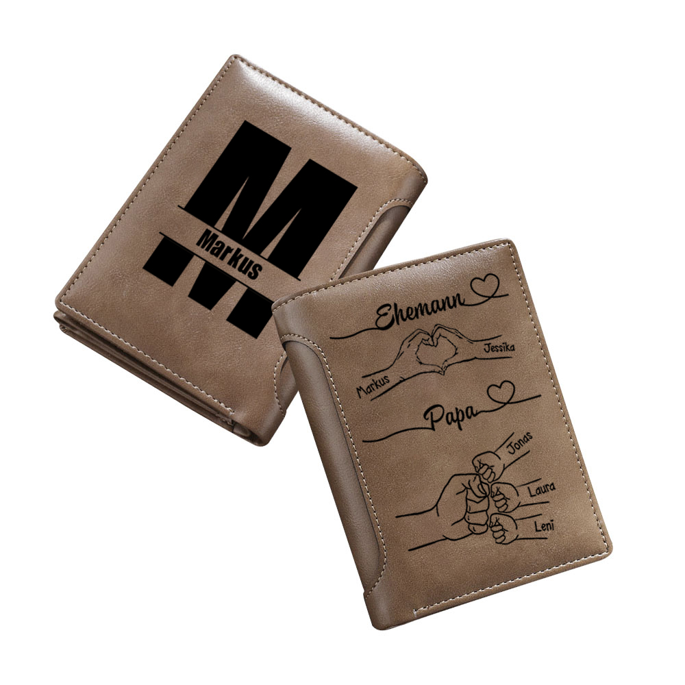 Herren Personalisierte 3-10 Namen PU-Leder-Geldbörse Papa & Mama & Kinder mit Herz & Faustbump-Gesten - Geschenk für Papa/ Ehemann
