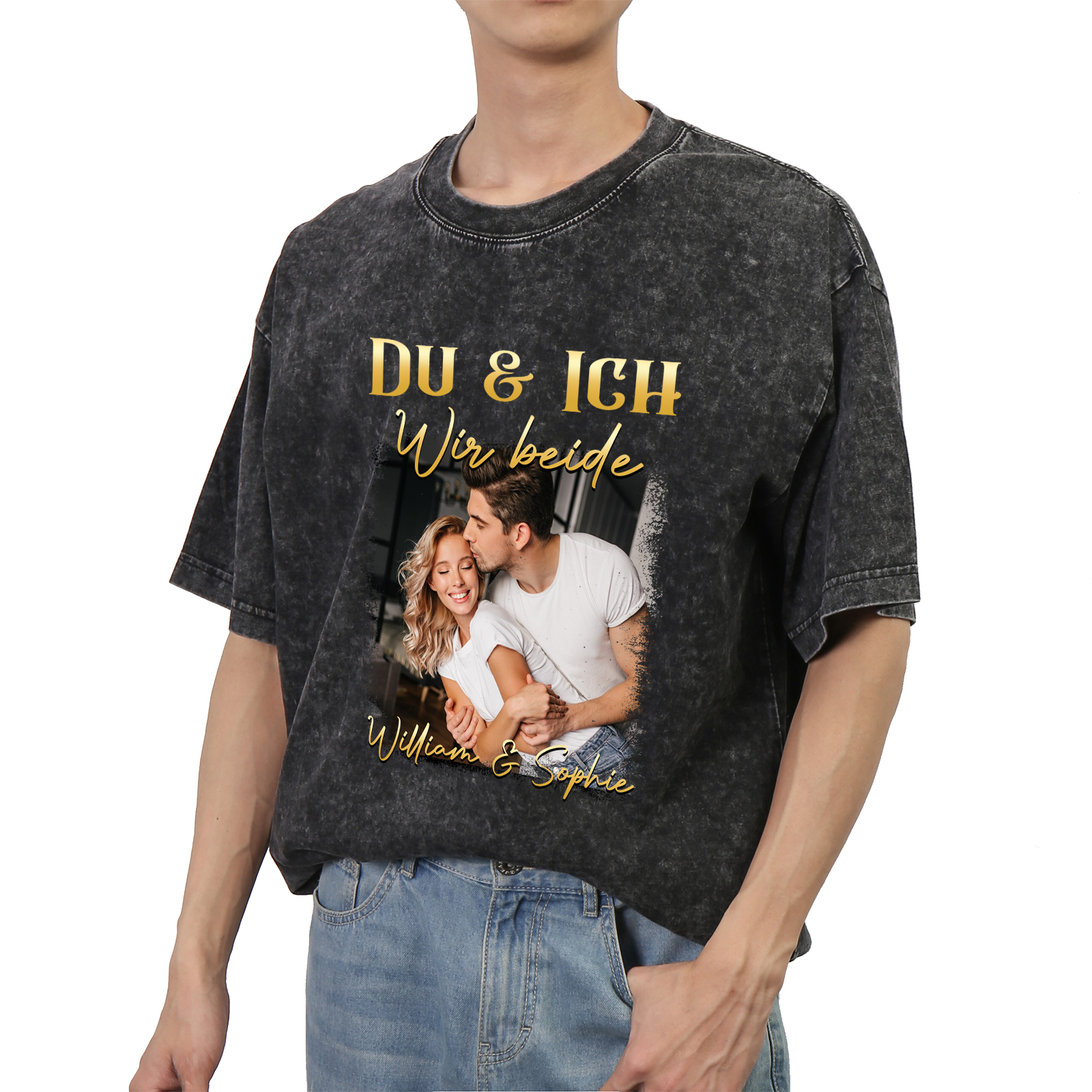 Personalisierte 2 Namen & Foto Liebespaar Schwarz Partner T-Shirts Zeige deine Liebe mit Stil