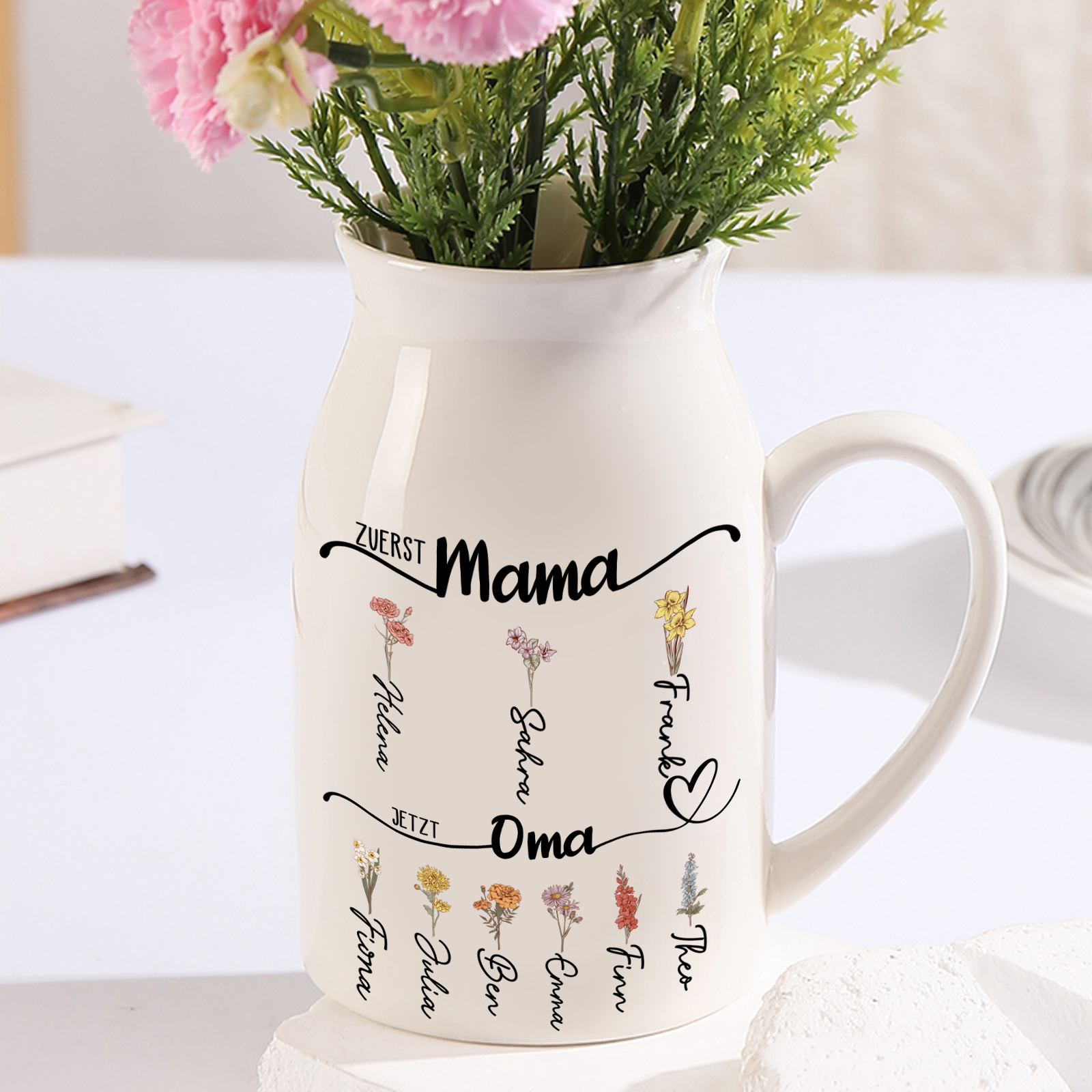 Personalisierte 1-8 Namen & Blumen Hand in Hand Familie Vase Geschenk für Mama Oma 