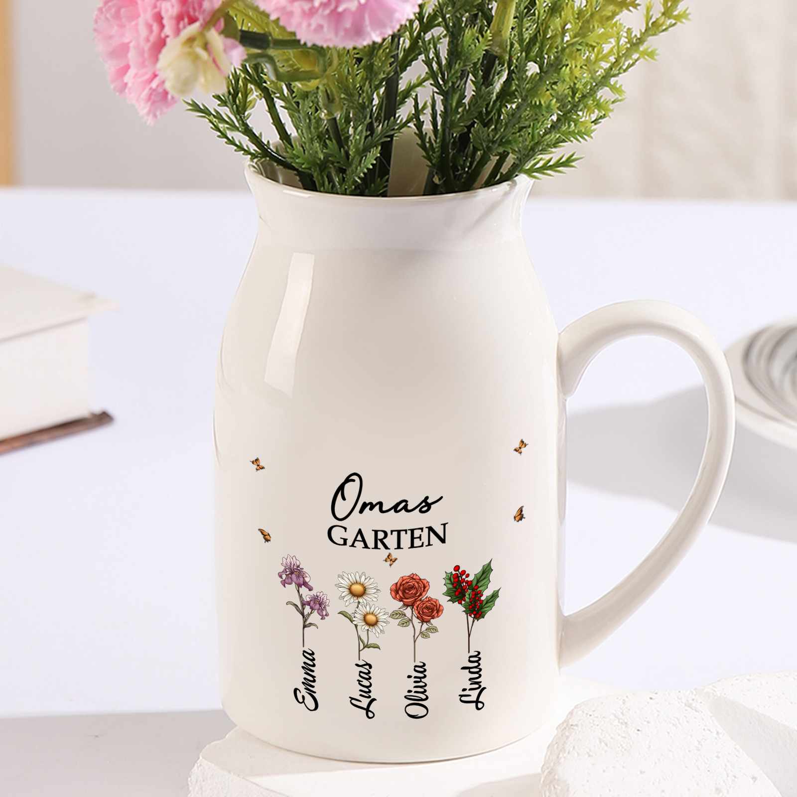 Personalisierte 2-8 Namen & Geburtsblumen- Gießvase mit Henkel Mama Vase-Pefektes Geschenk für Mama/Oma