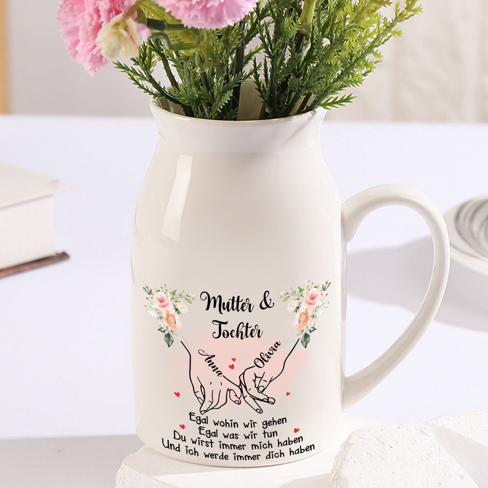 Personalisierte 2 Namen & Geburtsblumen-Mutter & Tochter- Gießvase mit Henkel Mama Vase-Pefektes Geschenk für Mama/Tochter