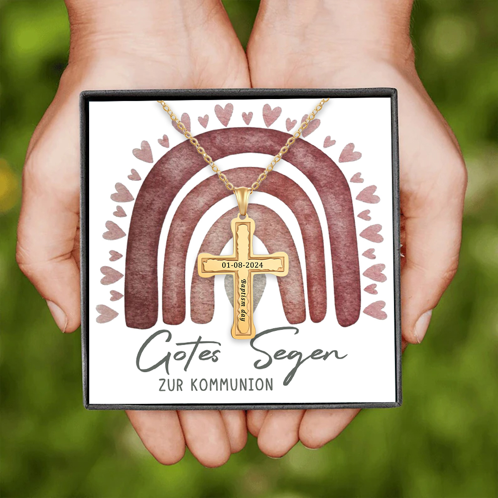 Personalisierter 1 Text & 1 Datum Kommunion Kreuz Golde Halskette- Gottes Segen zur Kommunion- Geschenk mit Nachrichtenkarte