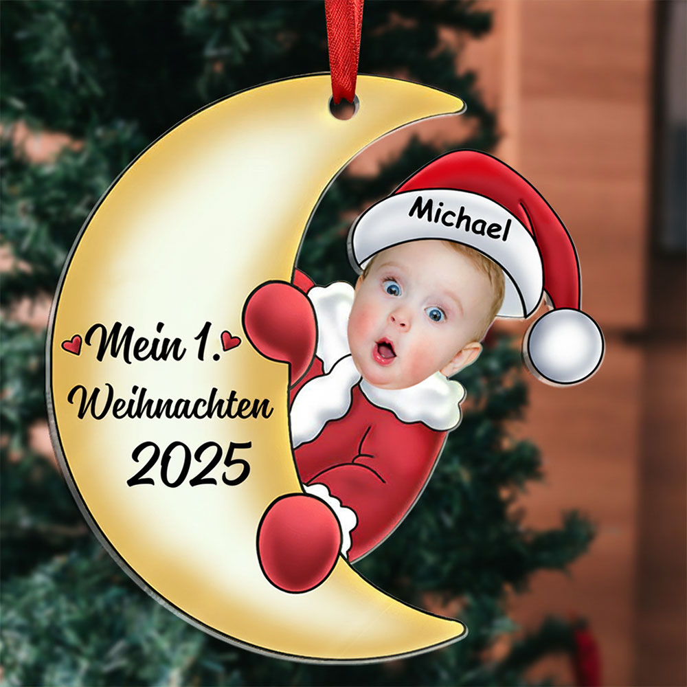 Acryl Weihnachtsornament - Personalisierter 1 Name & Foto & Jahr Baby auf dem Mond – Erster Weihnachten 2024 – Weihnachtsanhänger