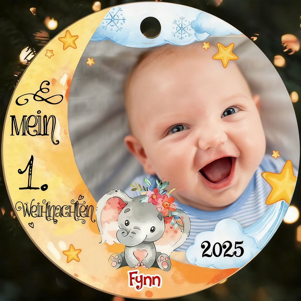 Holz Weihnachtsornament-Personalisierter 1 Name & Foto Halbmond Rund Baby Ornament- Mein 1. Weihnachten