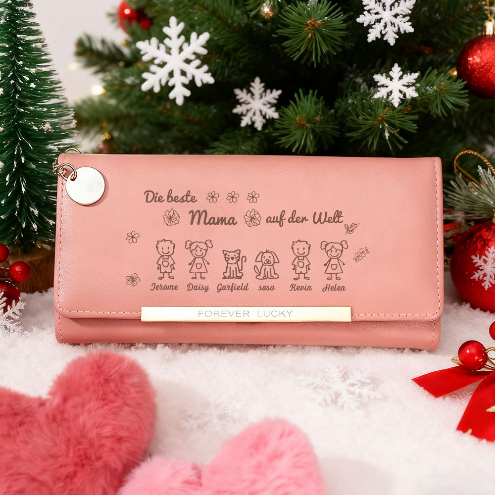 Personalisiertes Foto & 6 Namen & Muster PU Rosa/Blau/Gelb Leder Lange Portemonnaie Geldbörse-Die beste MAMA/OMA auf der Welt