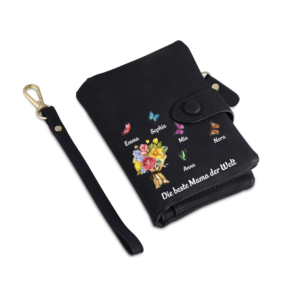 Damen Personalisierte 1-6 Namen & Text Blumen & Schmetterling PU Leder Geldbörse für Mama
