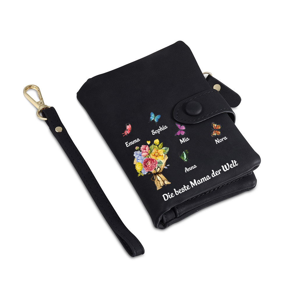 Damen Personalisierte 1-6 Namen & Text Blumen & Schmetterling PU Leder Geldbörse für Mama