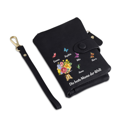 Damen Personalisierte 1-6 Namen & Text Blumen & Schmetterling PU Leder Geldbörse für Mama