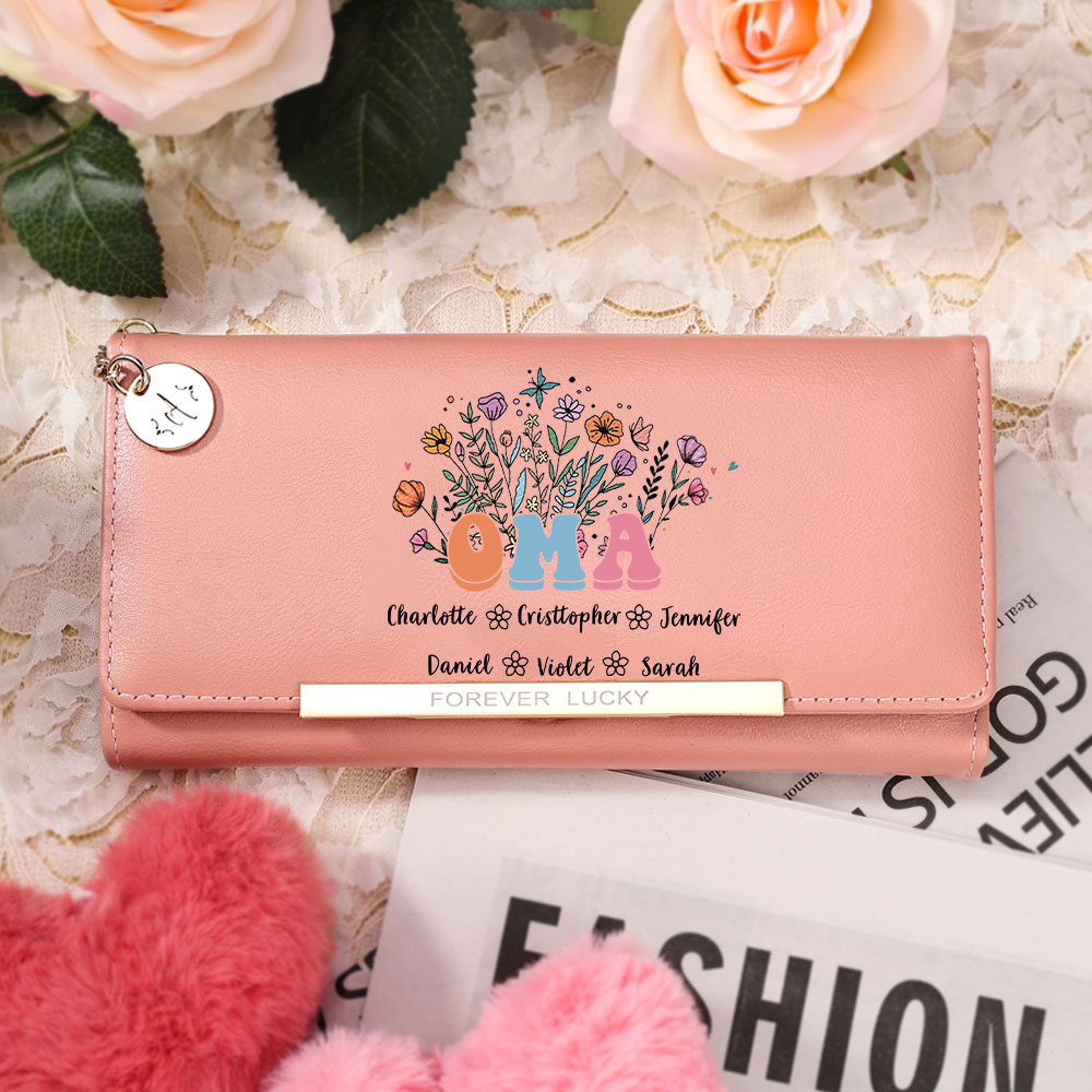 Personalisierter Damen-Geldbeutel mit Blumenmotiv – Individuelle Geldbörse mit 1-6 Kindernamen, Geschenk für Oma