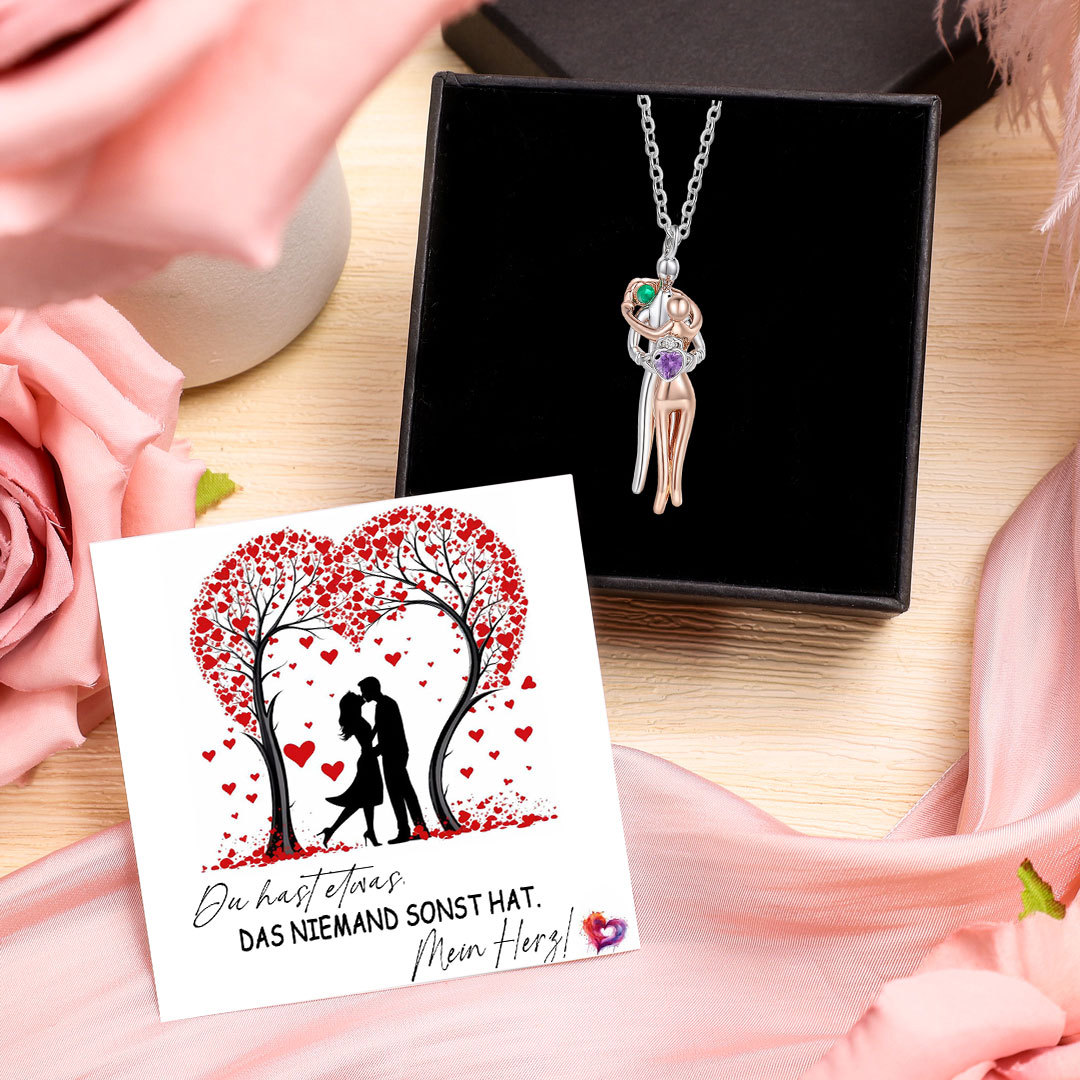 Partner-Umarmung Geburtsstein-Halskette mit 2 individualisierbaren Steinen – romantisches Jubiläumsgeschenk für Freundin oder Ehefrau, um den geliebten Menschen nah bei sich zu tragen | Kettenmachen