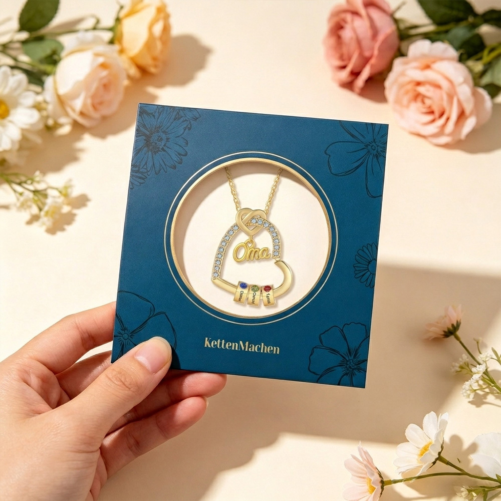 Personalisierte 1 Titel & 1-5 Namen Herz Halskette mit 1-5 Geburtssteinen für Mama/Mutter/Oma-Geschenk Box Set