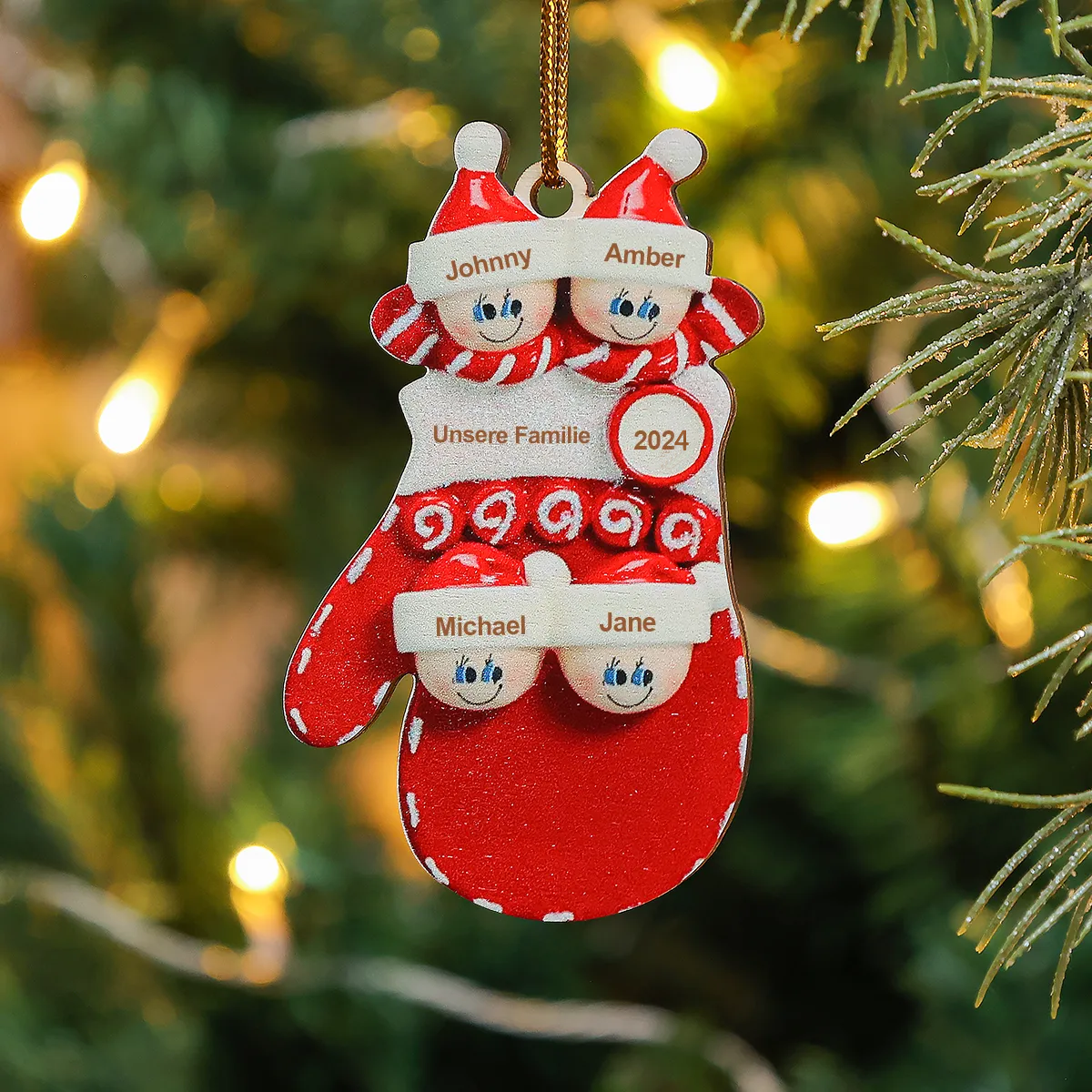 Holz Personalisierte 4 Namen & Text & Jahr Rote Handschuhe Weihnachtsornament mit 4 Familienmitgliedern 