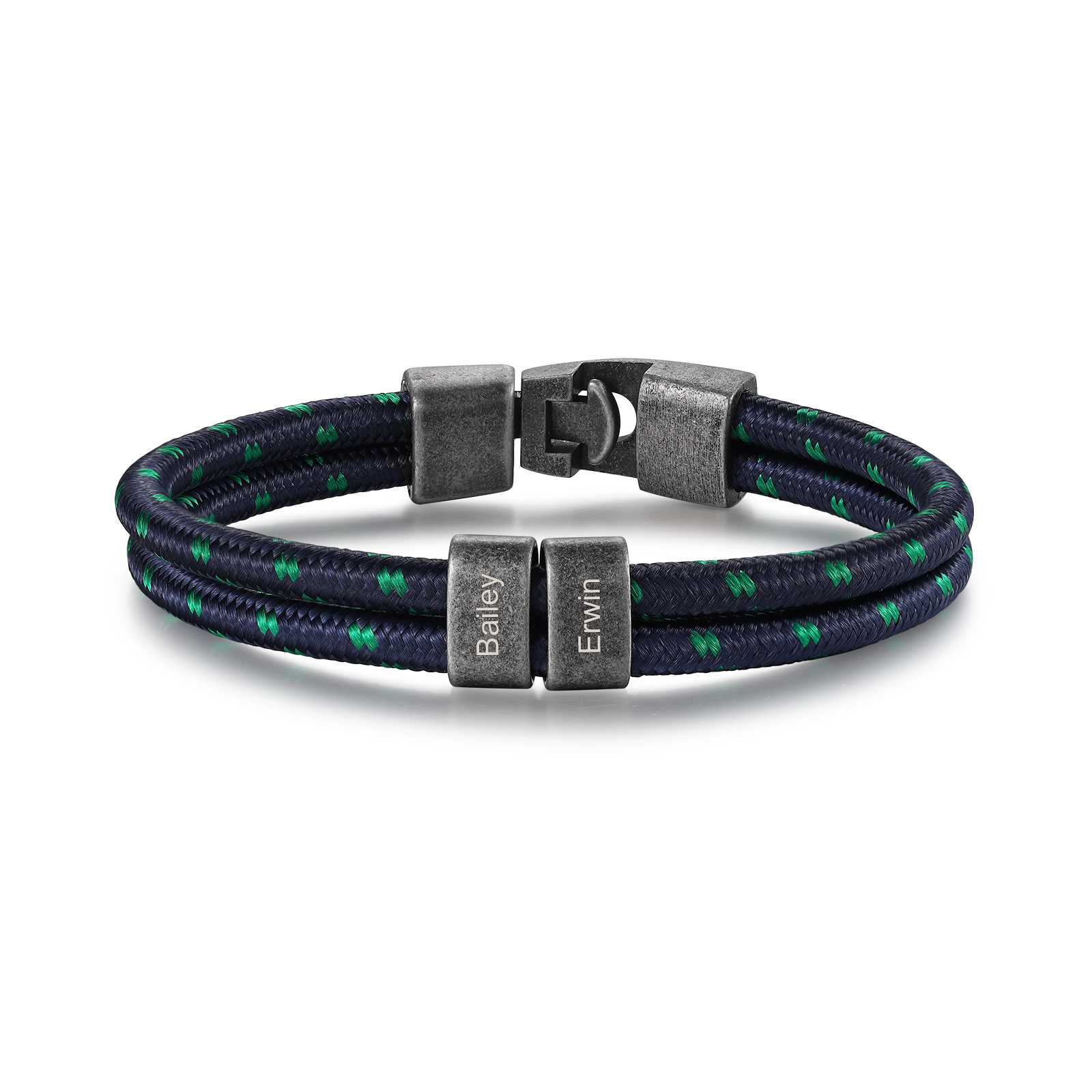 Herren Schmuck-Personalisierte 2 Namen Vintage Edelstahl Perlen Armband mit Grüner Punkt Blau Nylon Kette