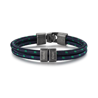 Herren Schmuck-Personalisierte 2 Namen Vintage Edelstahl Perlen Armband mit Grüner Punkt Blau Nylon Kette