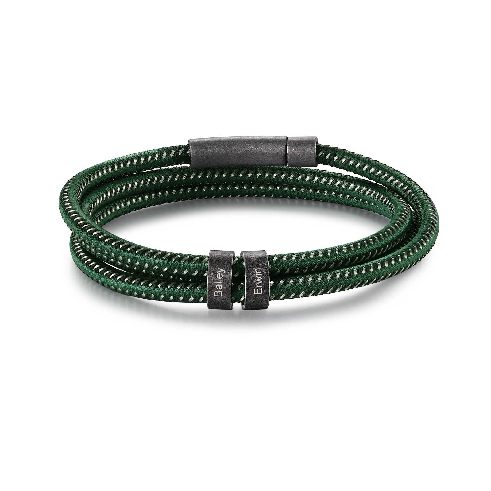 Herren Schmuck-Personalisierte 2 Namen Vintage Edelstahl Perlen Armband mit Grün Nylon Kette
