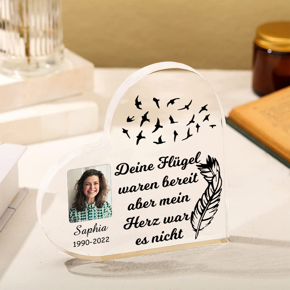 Personalisierter Name & Jahr & Foto Acryl-Deko-Deine Flügel waren bereit aber mein Herz war es nicht-Trauer Schreibtischdekoration