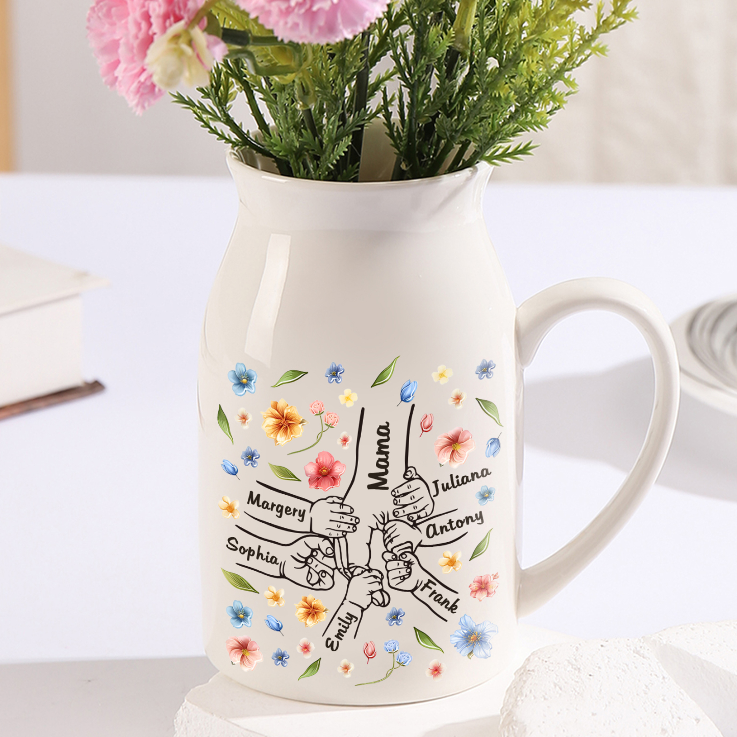 Personalisierte 7 Namen Bunte Blumen Hand in Hand Familie Vase