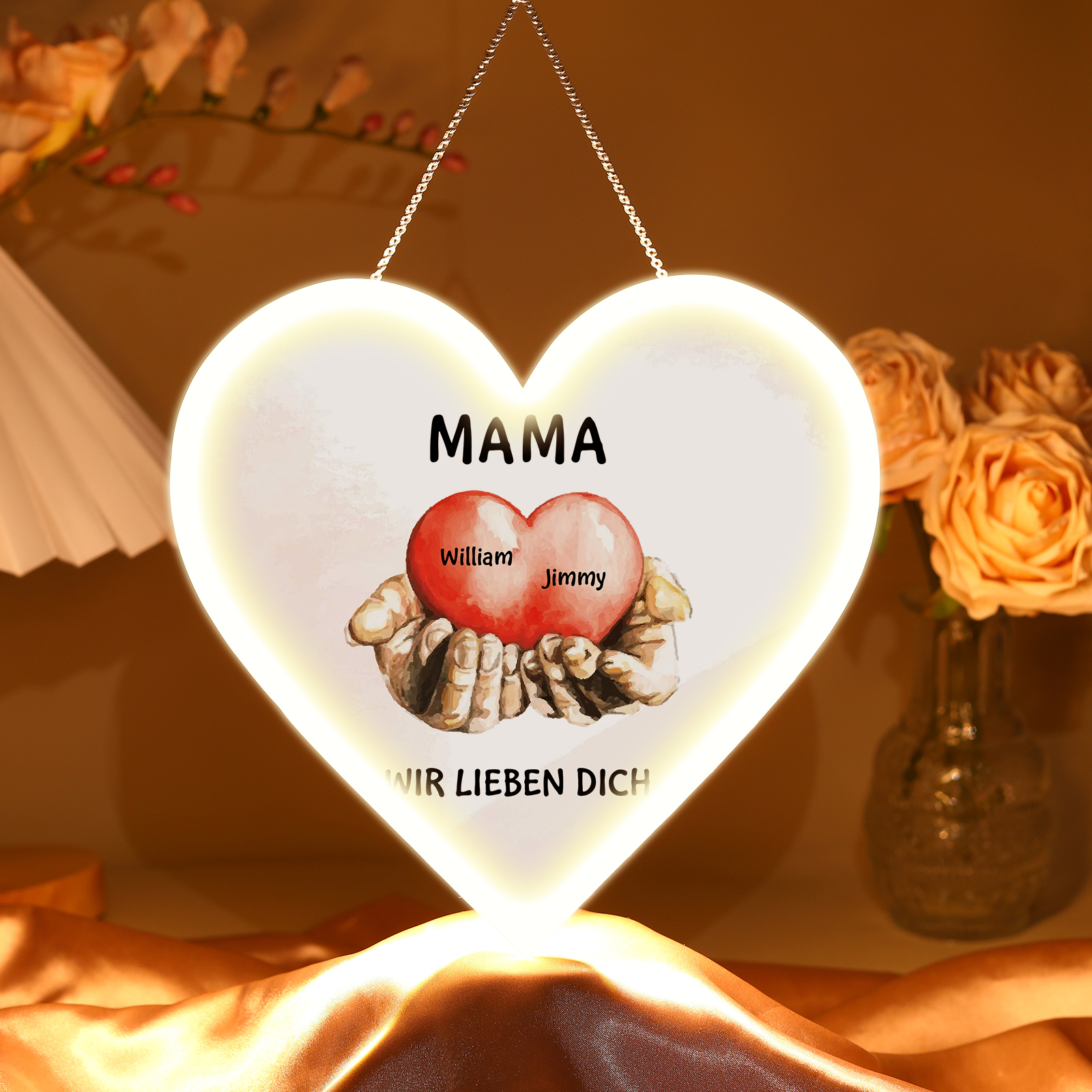 Personalisierte 2 Namen & 2 Texte Herz auf der Hand Herz Ornament Licht Acryl Hängender Wandlampe Geschenk für Mutter