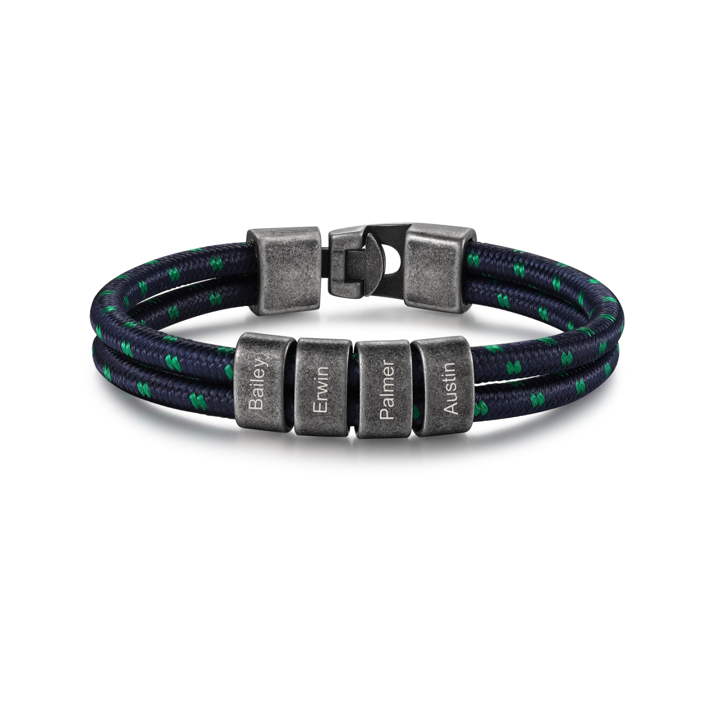 Herren Schmuck-Personalisierte 4 Namen Vintage Edelstahl Perlen Armband mit Grüner Punkt Blau Nylon Kette