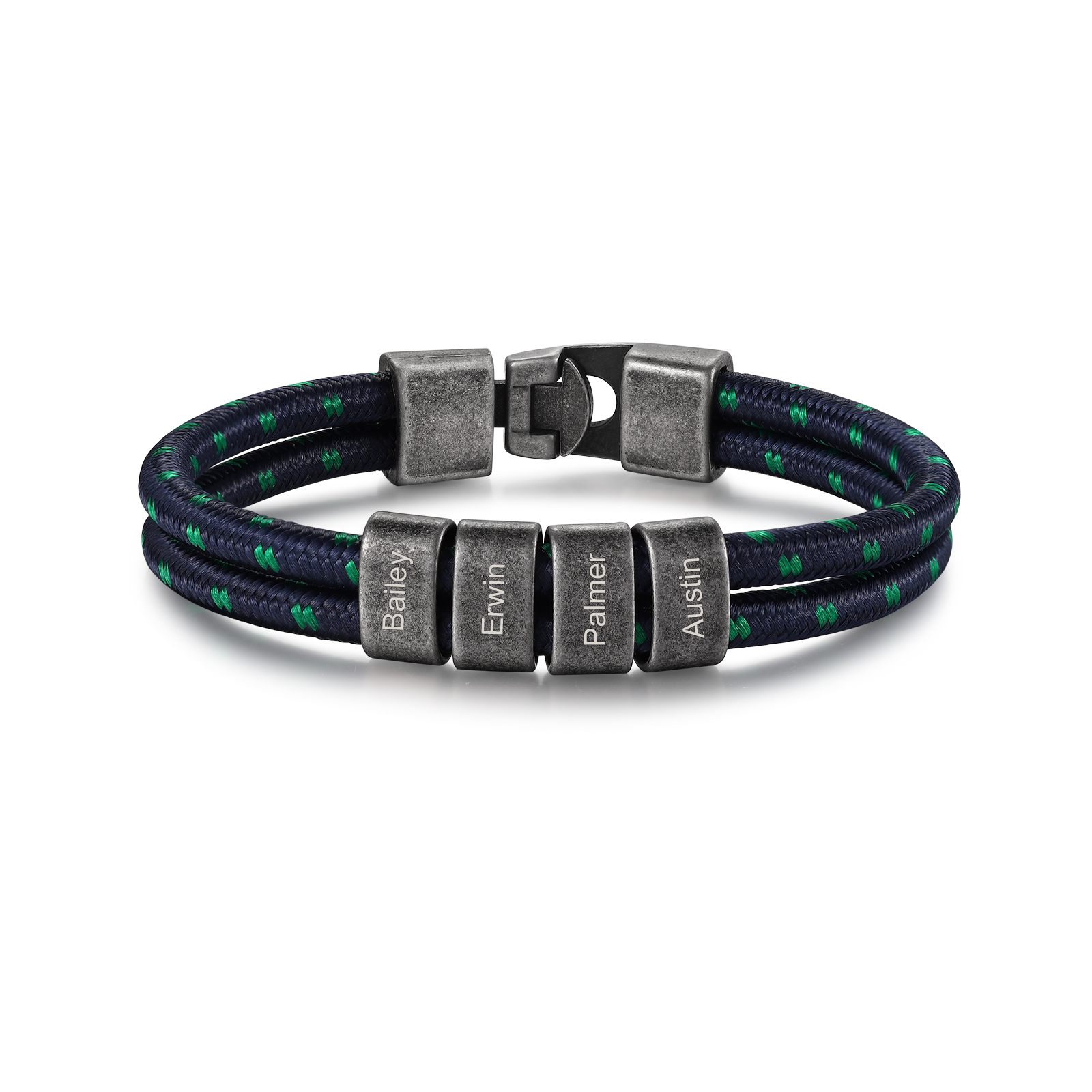Herren Schmuck-Personalisierte 4 Namen Vintage Edelstahl Perlen Armband mit Grüner Punkt Blau Nylon Kette