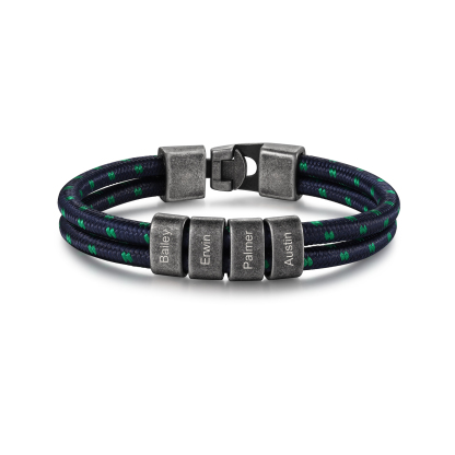 Herren Schmuck-Personalisierte 4 Namen Vintage Edelstahl Perlen Armband mit Grüner Punkt Blau Nylon Kette