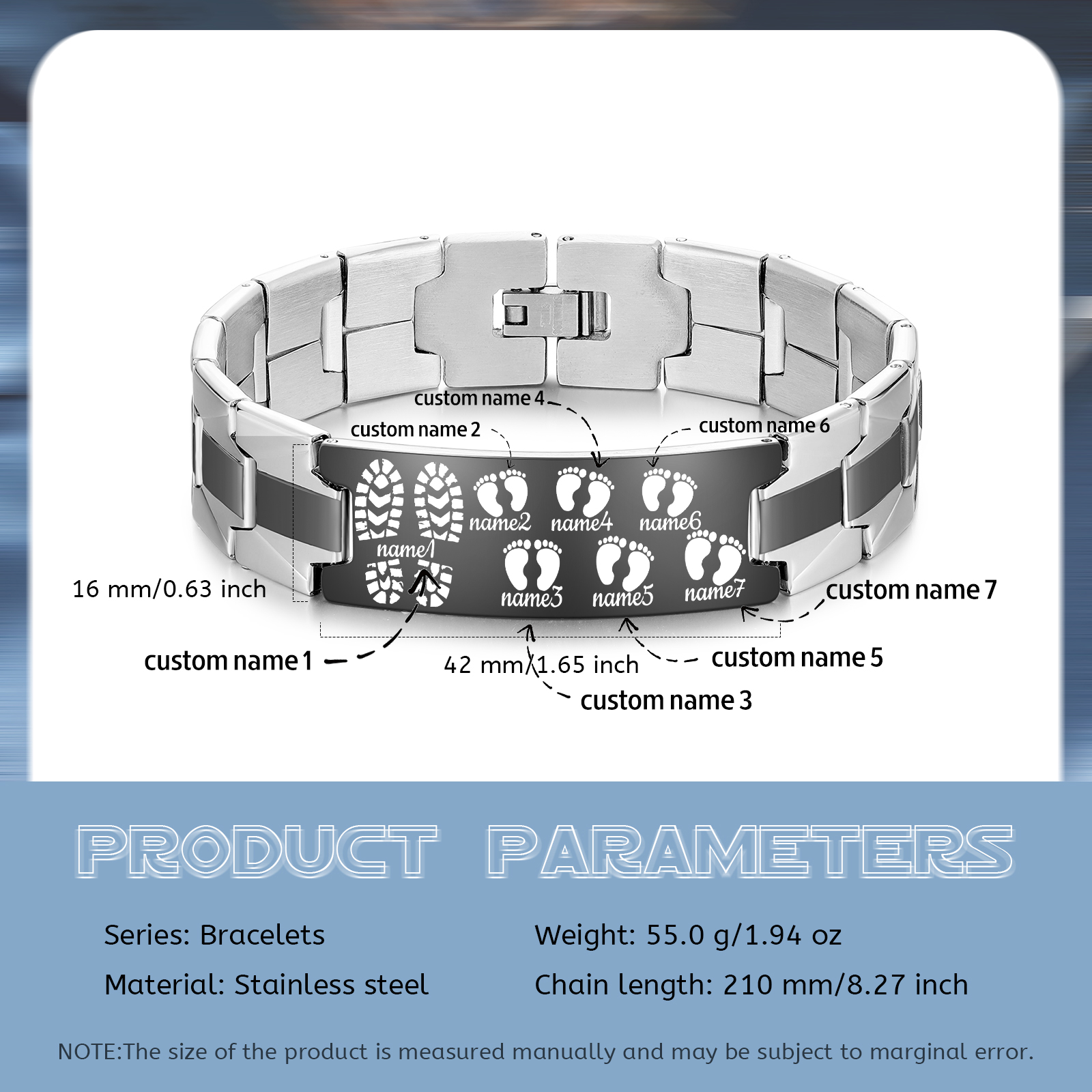 Herren Armband-Personalisierte 7 Namen Edelstahl Füße Armband-Geschenk für Vater