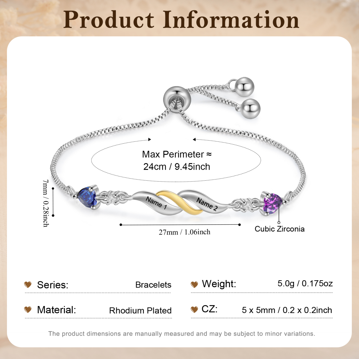 Personalisierte 2-4 Namen Infinity Armband mit 2-4 Geburtssteinen