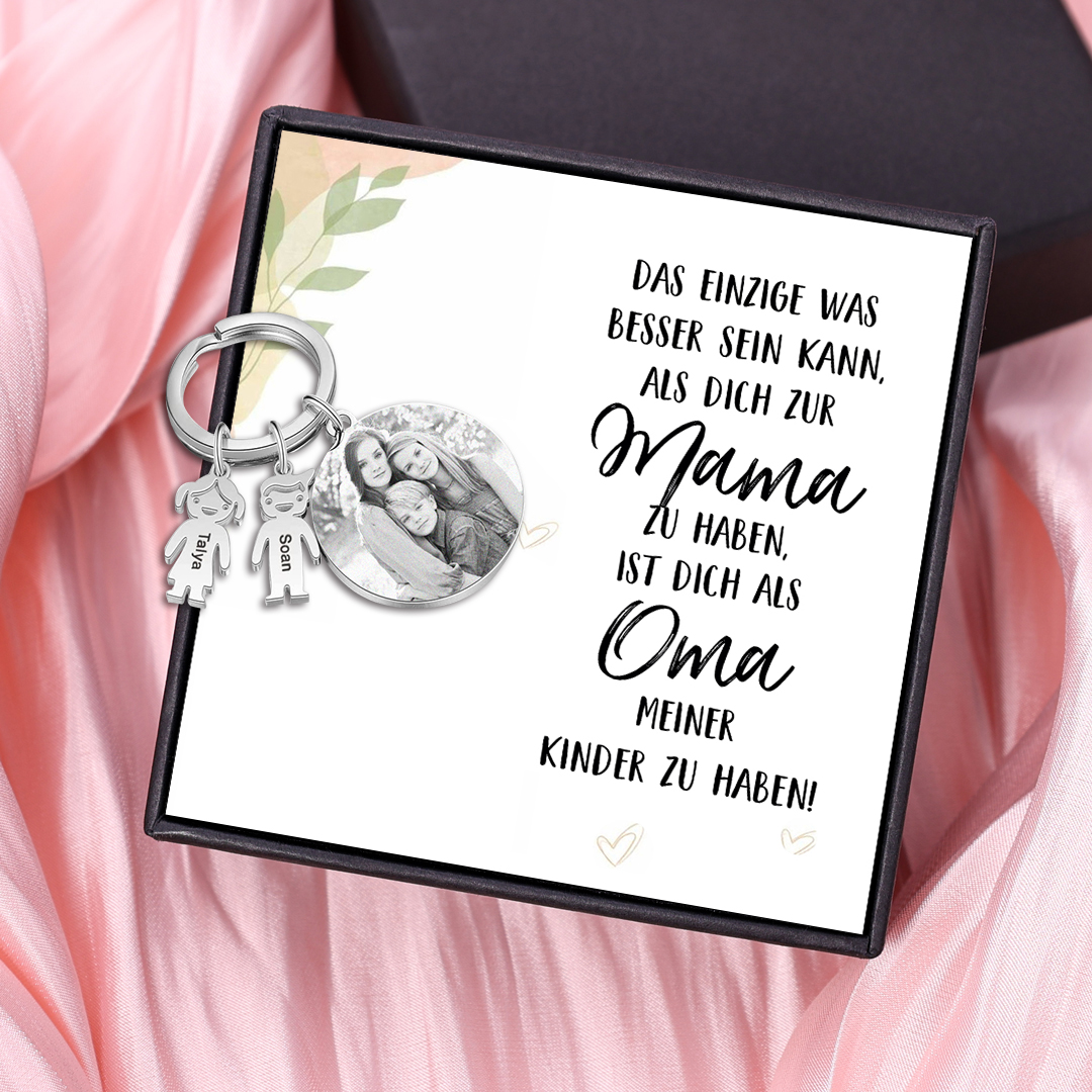 Personalisierte 2 Namen & 1 Foto & 1 Text Schlüsselanhänger-Das Einzige, was besser ist, ist dich als Oma meiner Kinder zu haben-Geschenk mit Nachrichtenkarte