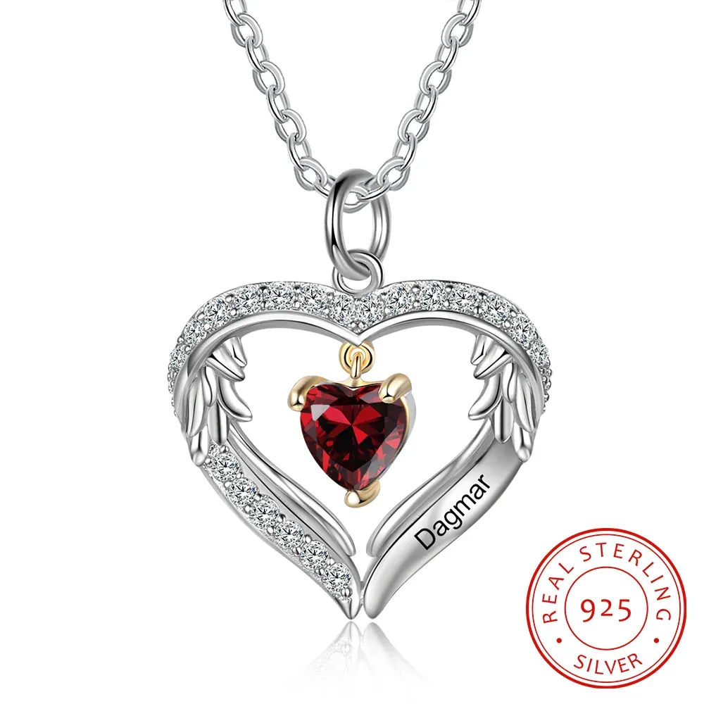 S925 Silber Gravur 1 Name Herz Engel Flügel Halskette mit 1 Geburtsstein