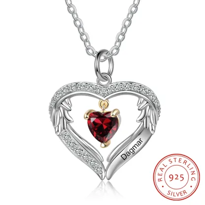 S925 Silber Gravur 1 Name Herz Engel Flügel Halskette mit 1 Geburtsstein