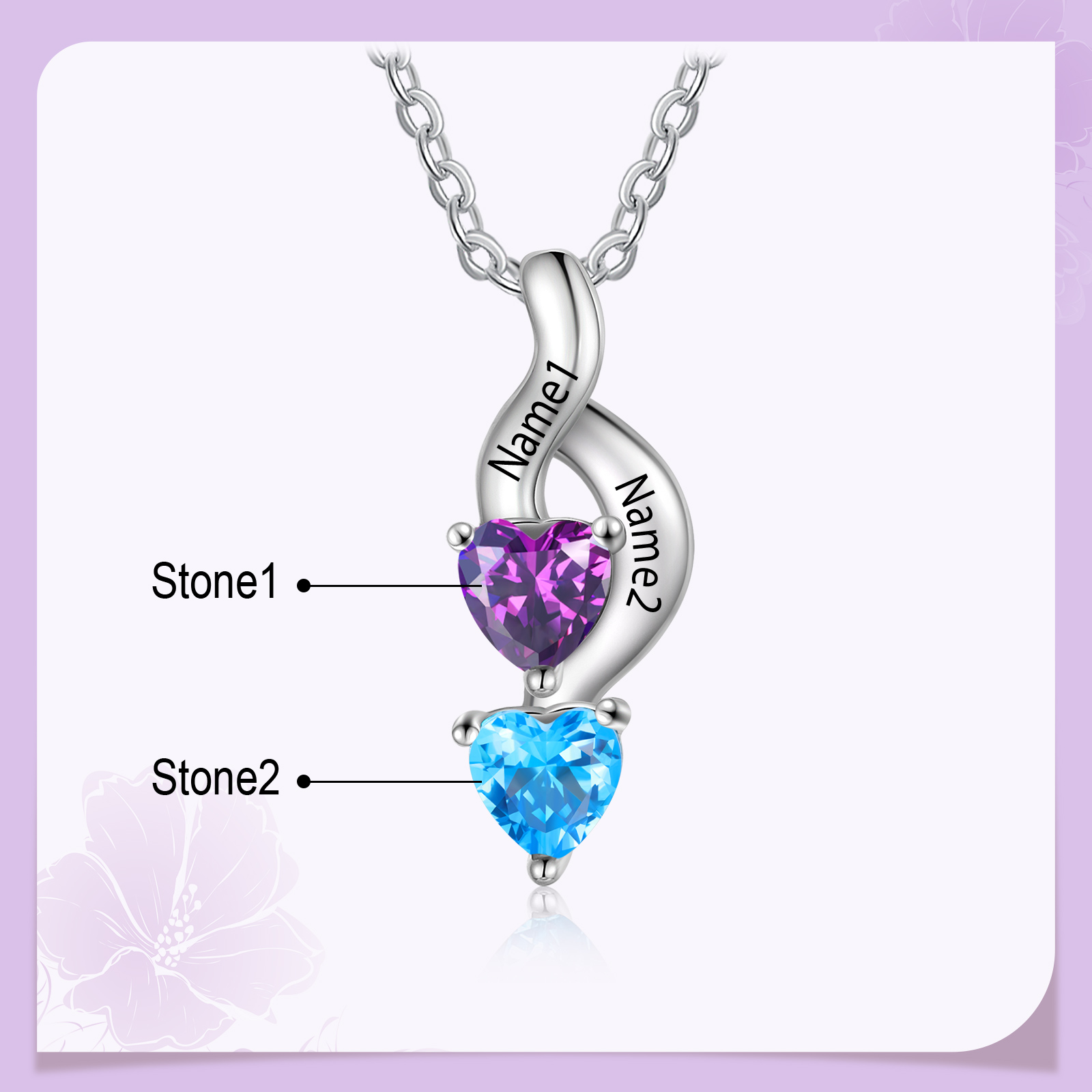 Personalisierter 2 Namen & 2 Geburtssteinen Silbernes Armband & Halskette Geschenkbox-Set