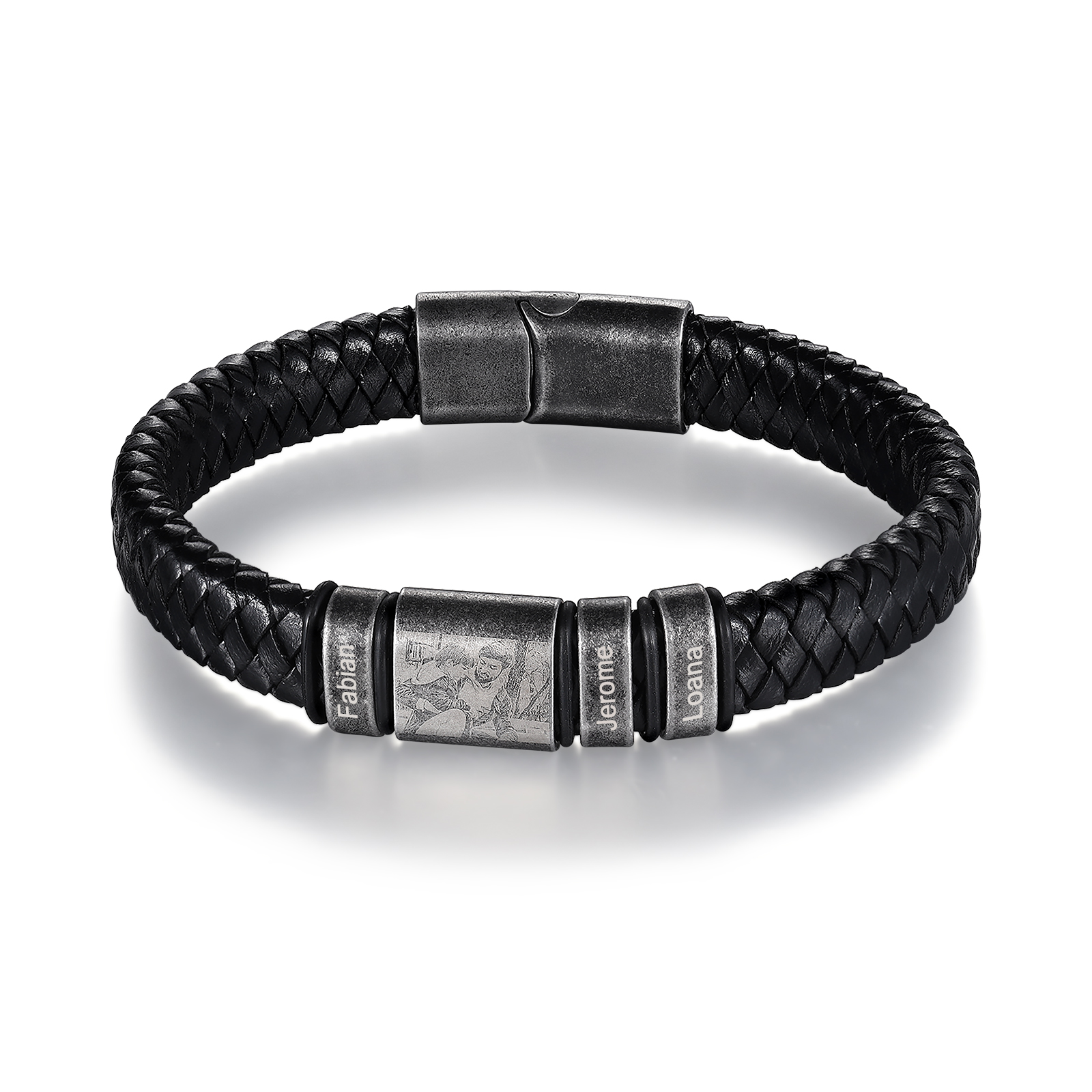 Herren Personalisierte 3 Namen & Foto Einlagiges Geflochtenes Vintage Edelstahl Perle Armband