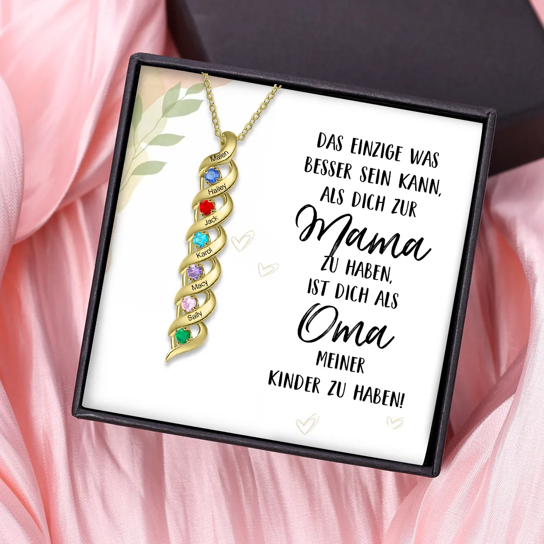 Personalisierte DNA-Halskette mit 2–7 Namen und Geburtssteinen – Mit Gravur „Das Einzige, was besser ist …“ mit Nachrichtenkarte