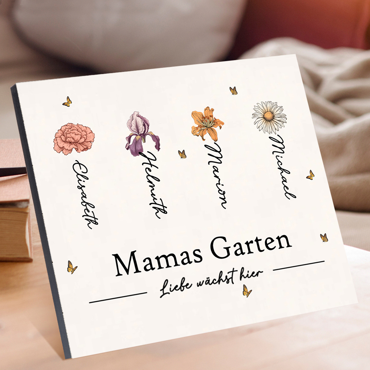 Familie Holzbild-Personalisierter Text & 1-12 Namen & Gebursblumen Liebe wächst hier Holzdekoration-Geschenk für Mutter/Großmutter