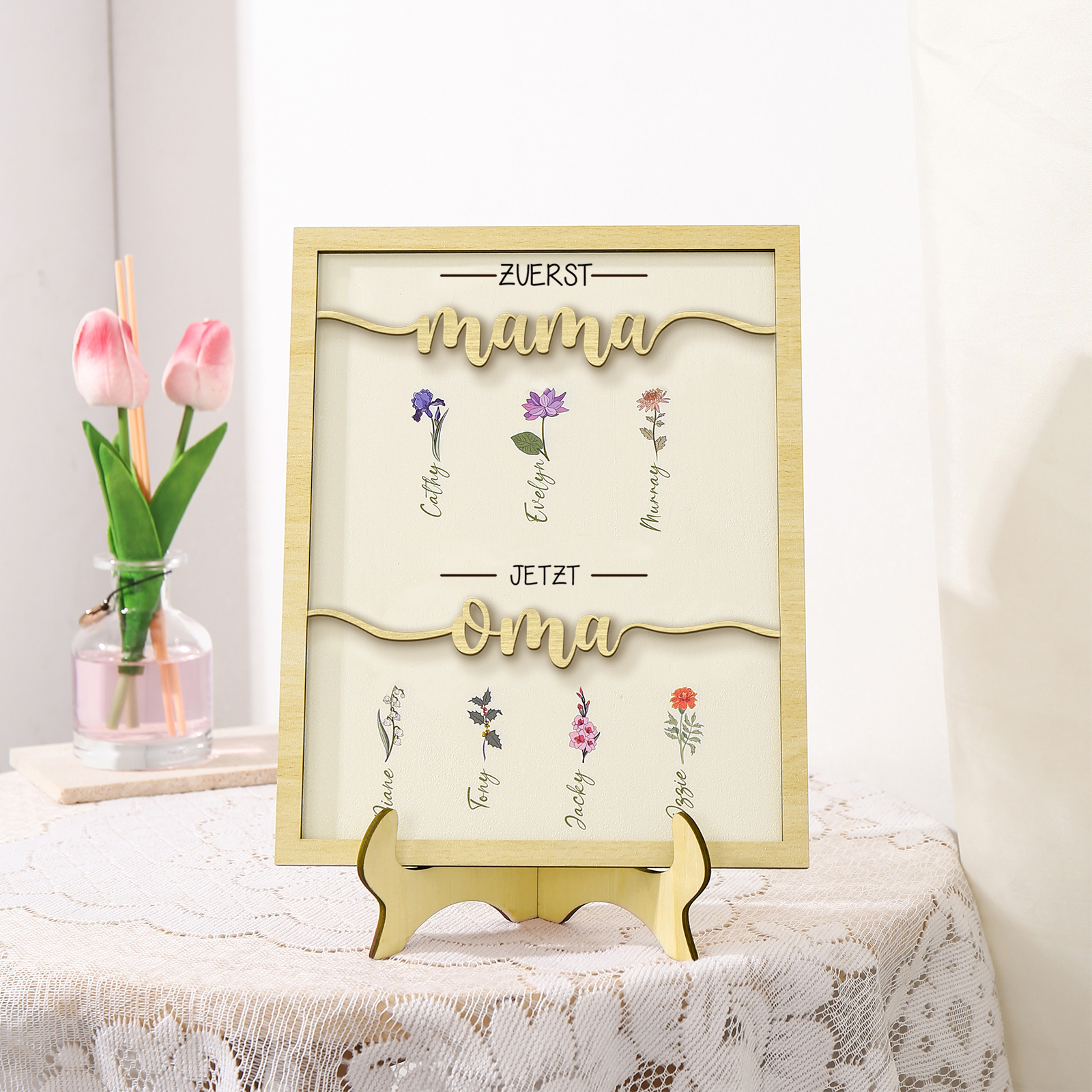 Holz Deko-Personalisierbare 7 Namen & Geburtsblume Ornament Zuerst Mama Jetzt Oma Holzdekoration für Mutter/Großmutter