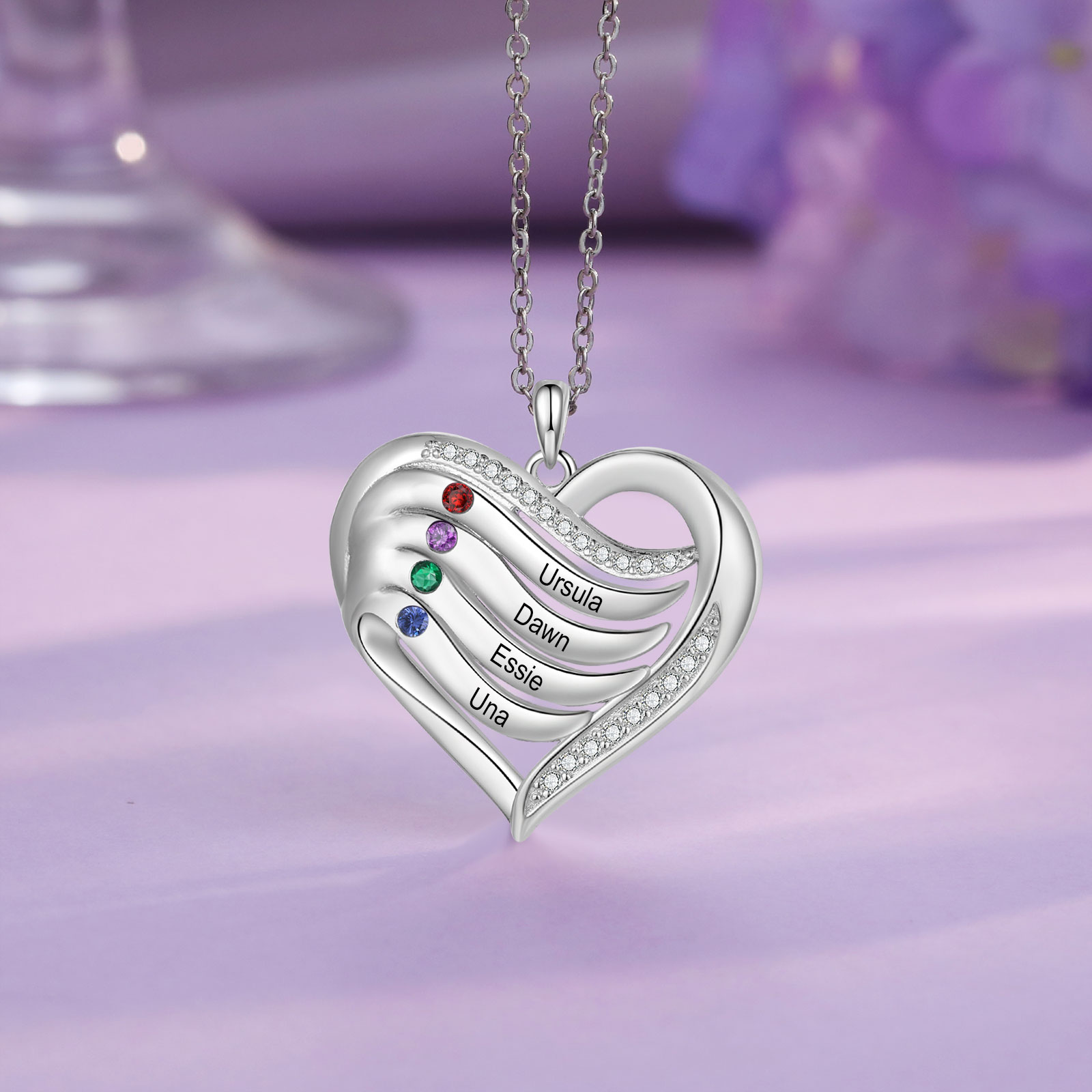 925 Sterling Silber Personalisierte 4 Namen & 4 Geburtssteine Herz Halskette mit Zirkonia