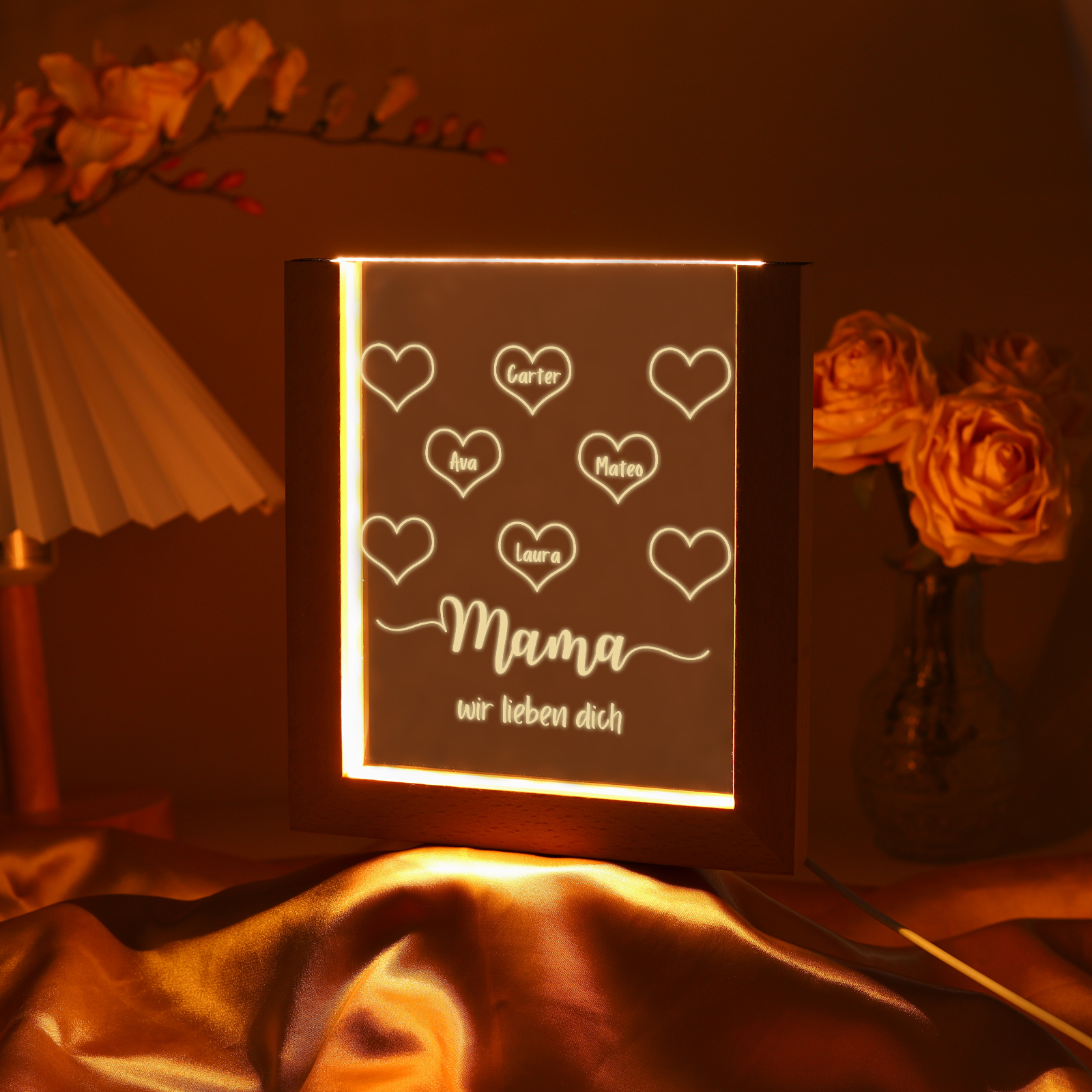 Personalisierte 4 Namen & Text Herz Familie Acryl Rahmen Nachtlicht Geschenk für Großmutter/Mutter zum Muttertag