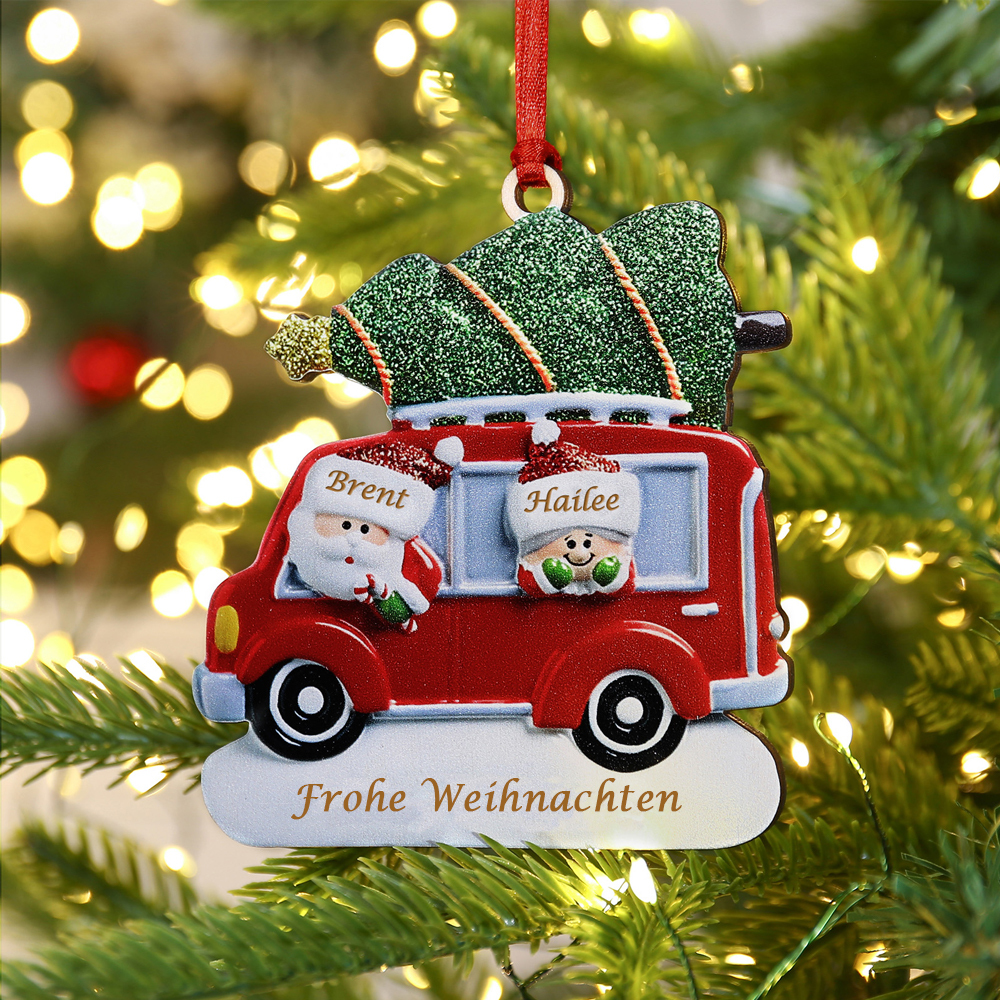 Holz Personalisierte 2 Namen & Text Weihnachtsornament Baum & Auto mit 2 Familienmitgliedern