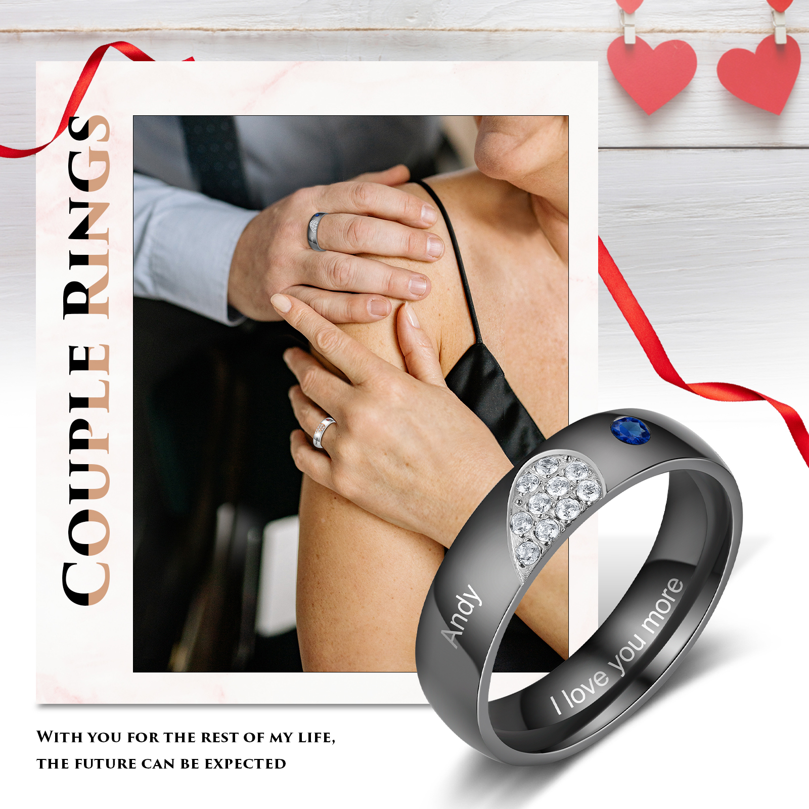 Gravur Name & Text Herz Herren Ring mit 1 Geburtsstein - Paarringe