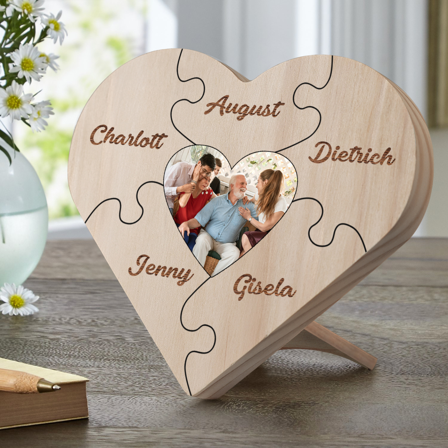 Familie Herzholz-Deko-Personalisiertes Foto & 5 Namen Puzzle Schreibtischdekoration Holz Ornament