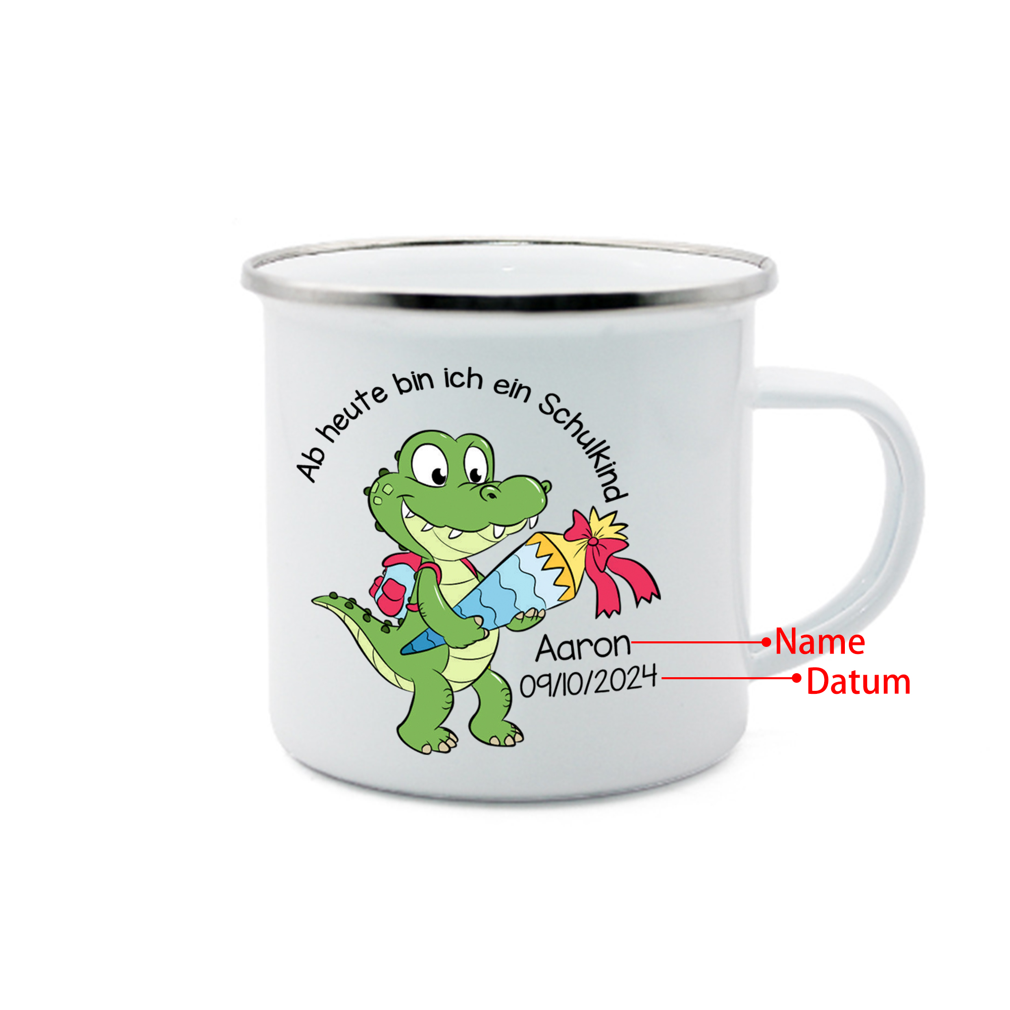 Emaille Tasse-Personalisierter Name & Datum Emaille Becher Schukind Krokodil Ab heute bin ich ein Schulkind Geschenk zum Schulanfang