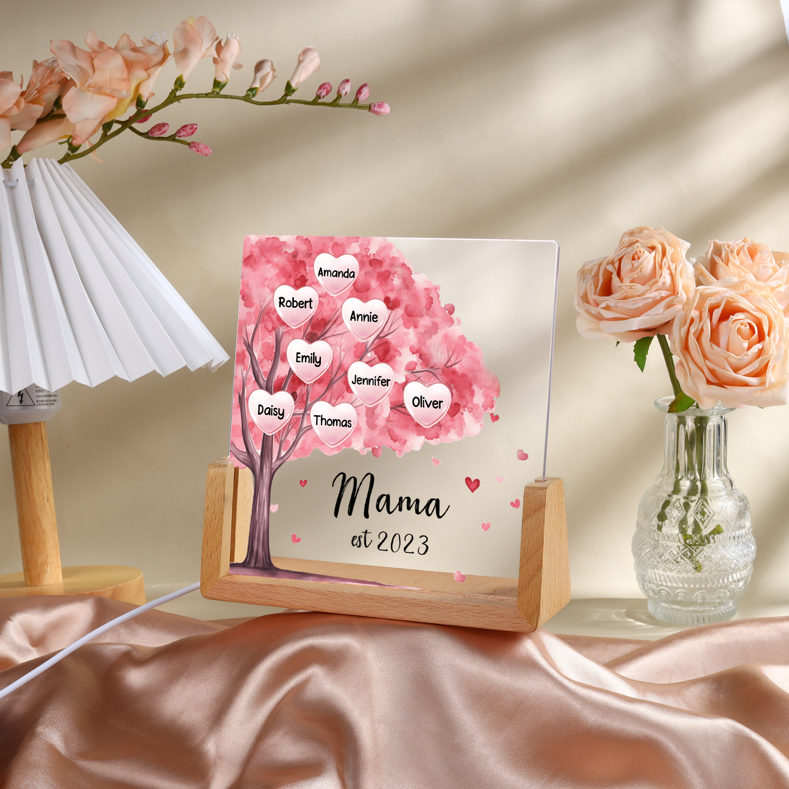 Personalisierte 8 Namen & Text & Datum Rosa Familienbaum Nachtlicht Geschenk für Großmutter/Mutter zum Muttertag