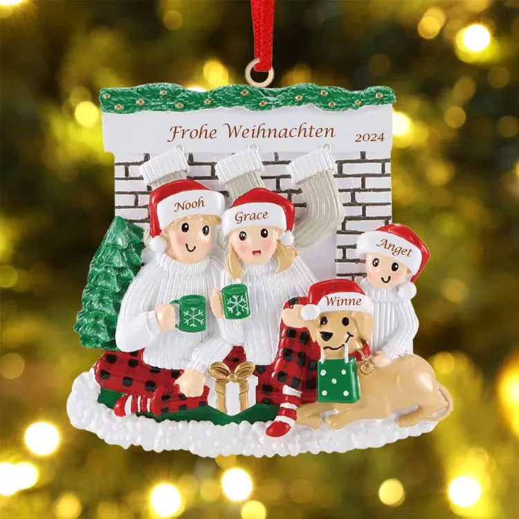 Holz Personalisierte 4 Namen & Jahr & Text Kamin Weihnachtsornament Weihnachtsbaum Anhänger mit 3 Familienmitgliedern und 1 Hund