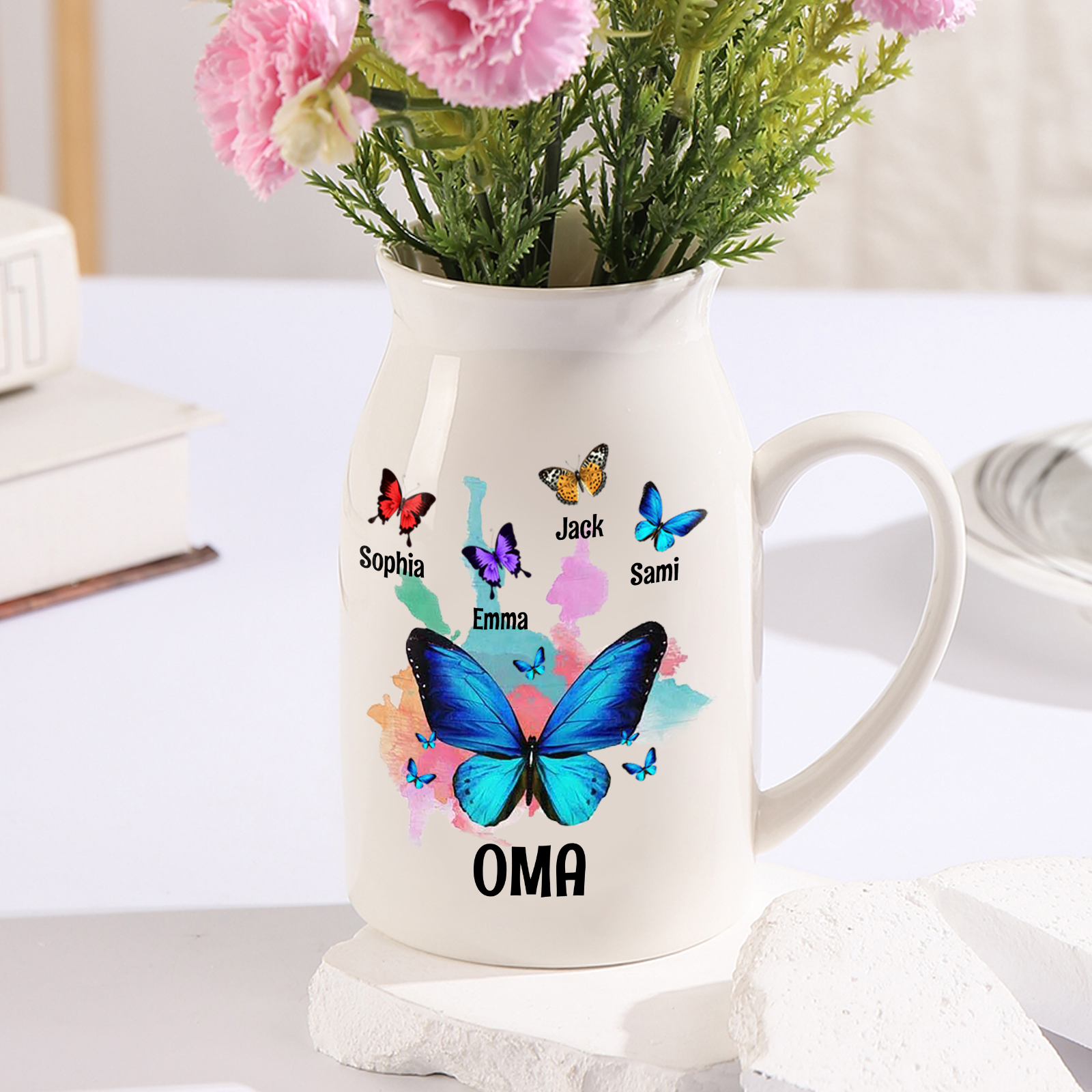Personalisierte 4 Namen & Text Schmetterling Familie Vase