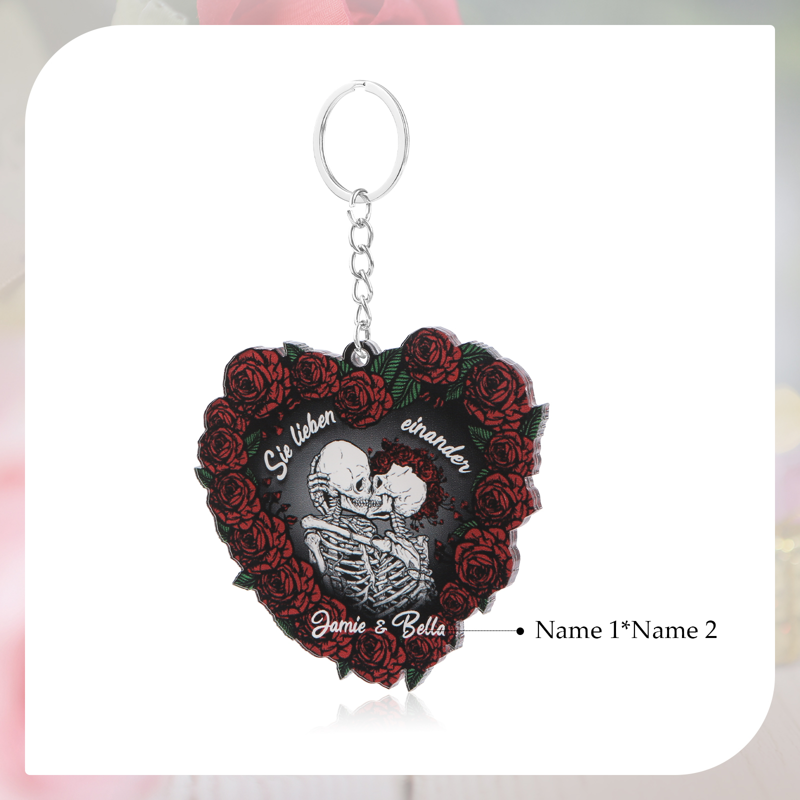 Personalisierte 2 Namen Skelett-Liebespaar Herz Acryl Schlüsselanhänger mit Rosa -Sie lieben einander- Weihnachtsornament für Paar