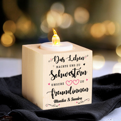 Holz Kompliment Kerzenhalter 1 bedruckte Seite Personalisierter Text-Unsere Herzen machen uns zu Freundinnen-Geschenk für Schwester